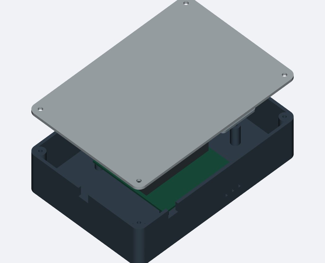 Exploded CAD view of the sensor enclosure: screw-on lid lifted above the board and its mounting posts