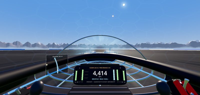 The cockpit used in the headset: a speed readout between twin engine gauges, mountains on the horizon
